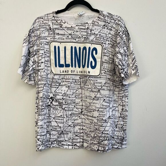 Vintage Sun Sportswear Mens White Land of Lincoln Illinois Road Map Graphic Tee - Picture 1 of 8